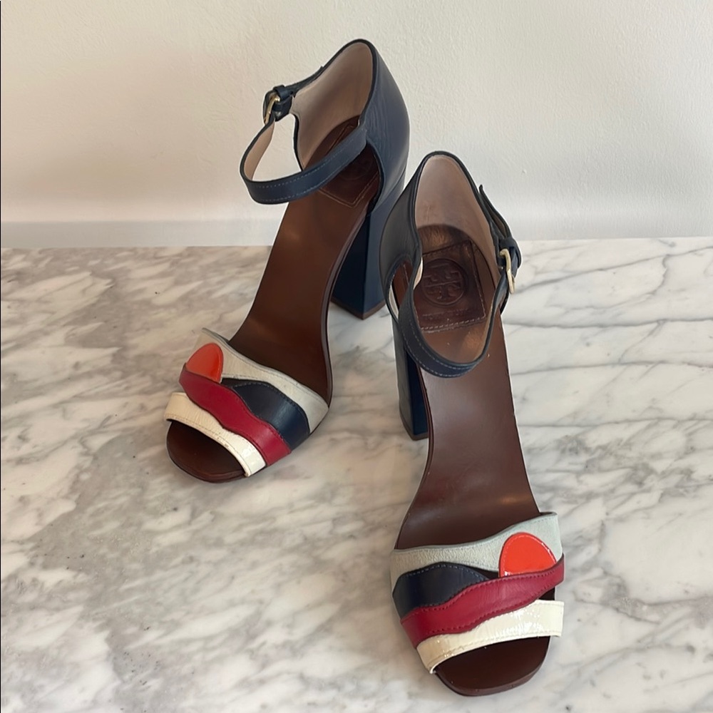 Tory Burch Red and Blue Heels with Ankle Strap